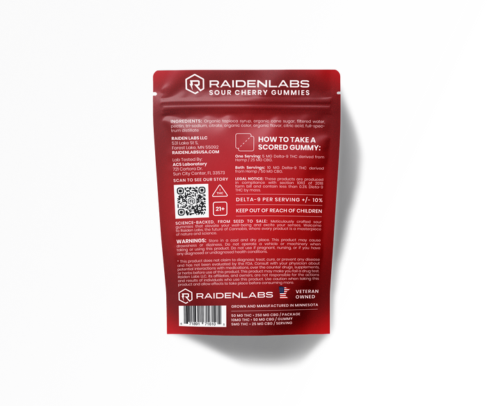 Raiden Labs Sour Cherry Gummies - 5mg THC, 25mg CBG