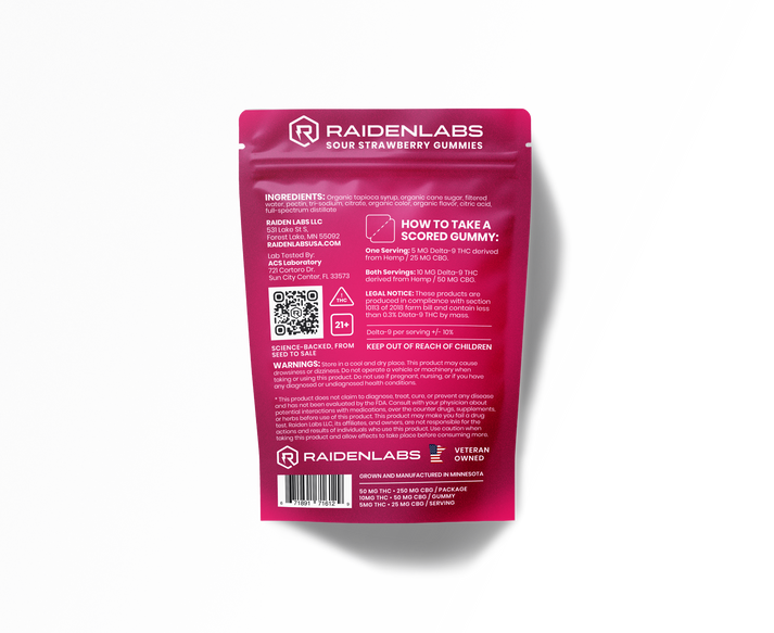 Raiden Labs Sour Strawberry Gummies - 5mg THC, 25mg CBG